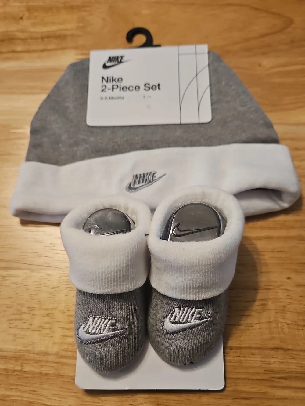 Nike Gray and White Baby Hat & Booties Set